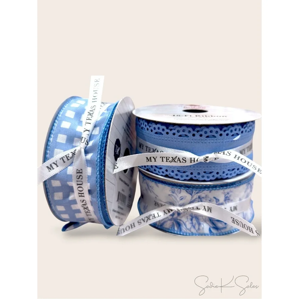 My‎ Texas House Blue Floral Ribbon 18ft Toile Americana Decor